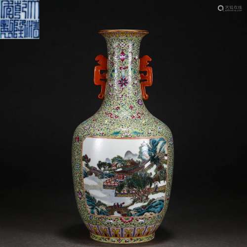 A Chinese Famille Rose Landscape Vase Qing Dyn.