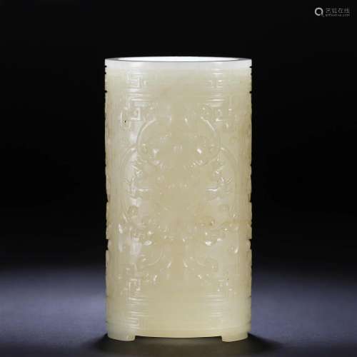 A Chinese Carved White Jade Brushpot Qing Dyn.