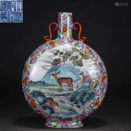 A Chinese Famille rose Deer Vase Bianhu Qing Dyn.