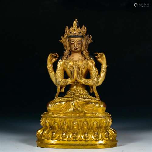 A Tibetan Bronze-gilt Seated Avalokitesvara Qing Dyn.