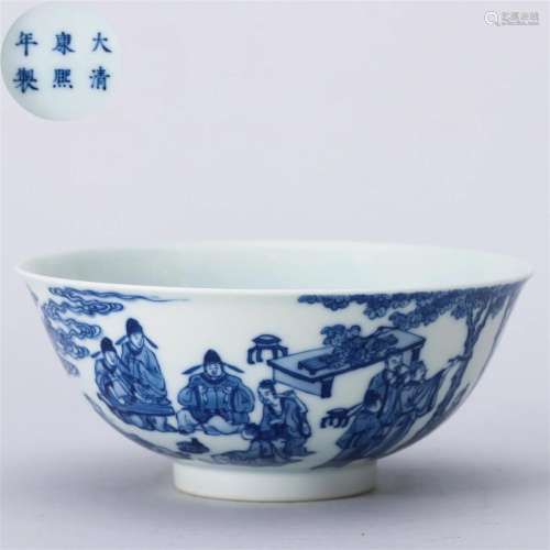 A Chinese Blue and White Figural Story Bowl Qing Dyn.