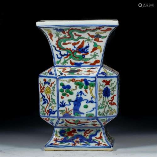 A Chinese Famille Verte Figural Story Beaker Vase Ming Dyn.