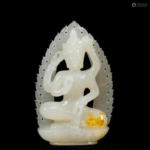 A Chinese Carved White Jade Seated Avalokitesvara Qing Dyn.