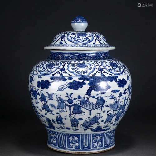 A Chinese Blue and White Kids at Play Jar with Cover Qing Dy...