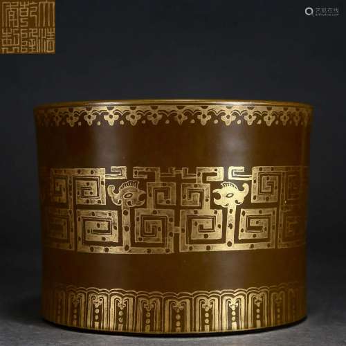 A Chinese Tea-dust Glazed and Gilt Brushpot Qing Dyn.