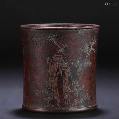 A Chinese Carved Hardwood Brushpot Qing Dyn.