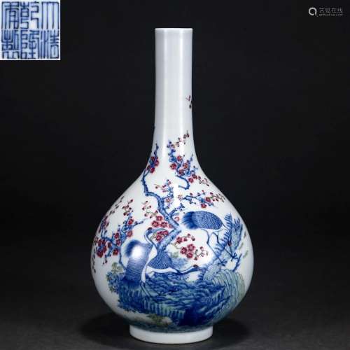 A Chinese Underglaze Blue and Famille Rose Bottle Vase Qing ...