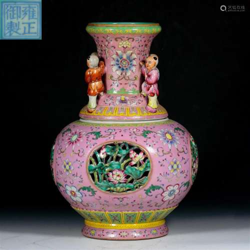 A Chinese Famille Rose Lotus Pond Vase Qing Dyn.