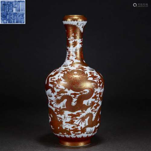 A Chinese Red Glaze and Gilt Dragon Vase Qing Dyn.