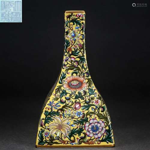 A Chinese Yellow Ground and Famille Rose Zun Vase Qing Dyn.