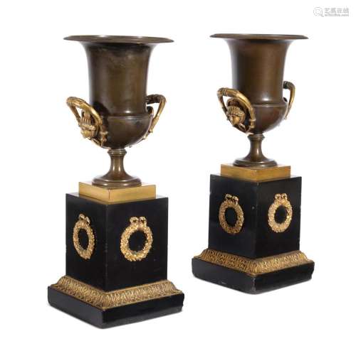 A PAIR OF EMPIRE BRONZE, GILT BRONZE AND MARBLE VASES, EARLY...