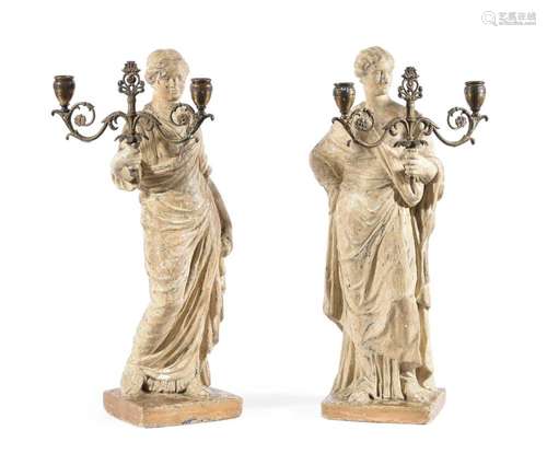 A PAIR OF PLASTER FIGURAL CANDELABRA IN THE MANNER OF HUMPHR...