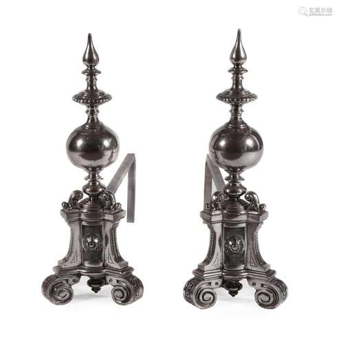 A PAIR OF CHARLES II POLISHED STEEL ANDIRONS, SECOND HALF 17...