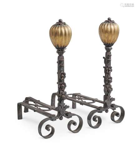 A LARGE PAIR OF WROUGHT IRON AND BRASS ANDIRONS, POSSIBLY DE...