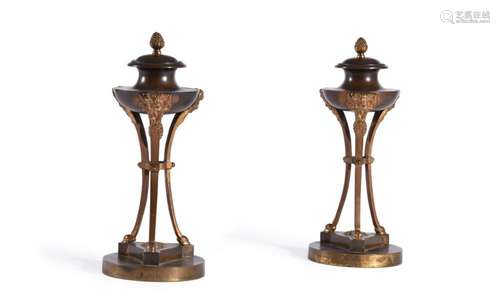 A PAIR OF DIRECTOIRE BRONZE AND ORMOLU CASSOLETTES, CIRCA 18...