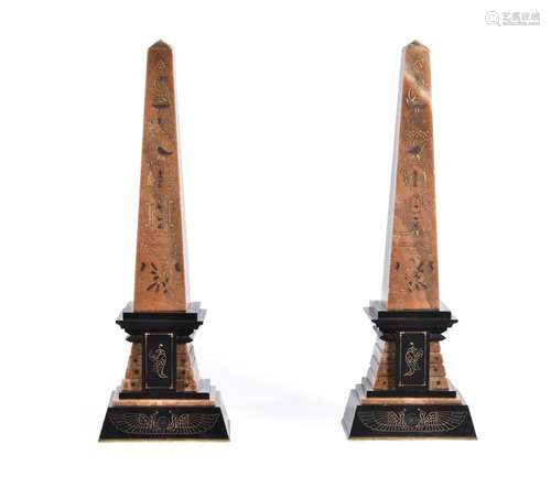 A PAIR OF FRENCH MARBLE OBELISKS, IN EGYPTIAN REVIVAL TASTE,...