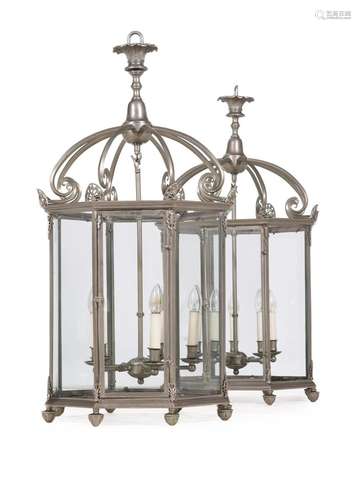 A LARGE PAIR OF METAL FRAMED HALL LANTERNS, 20TH CENTURY IN ...