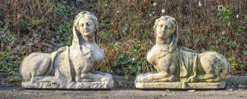 A PAIR OF CAST STONE FIGURES OF SPHINXES PROBABLY MID/LATE 1...