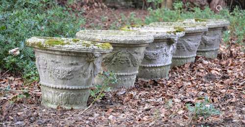 A SET OF FIVE STONE COMPOSITION GARDEN POTS, MODERN