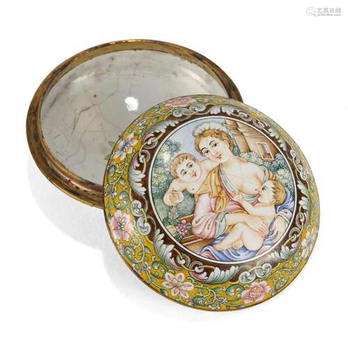 AN ENAMELLED BRONZE 'LADIES' BOX AND COVER