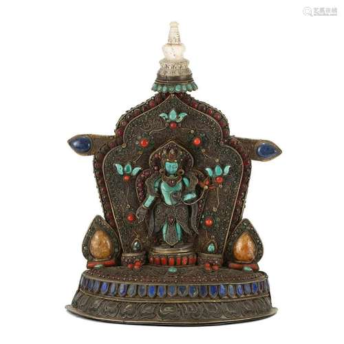 A HARDSTONE-INLAID BRONZE BUDDHA IN SHRINE