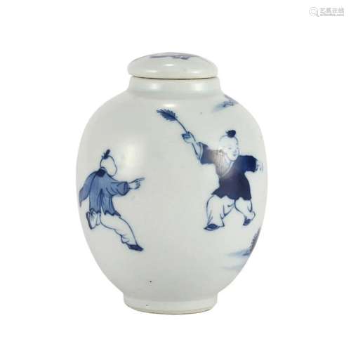 A BLUE AND WHITE 'FIGURES' JAR