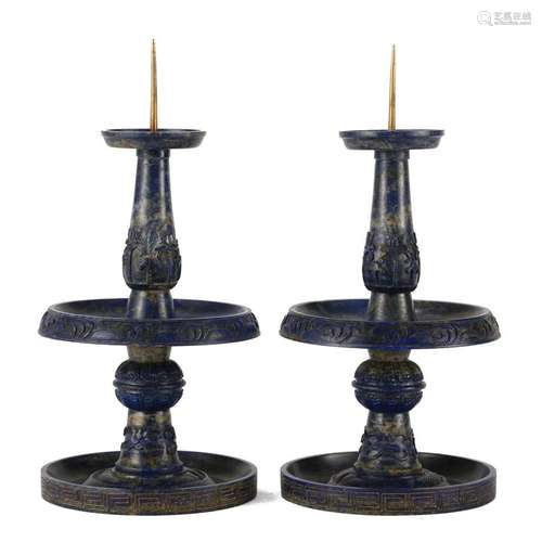 A PAIR OF LAPIS LAZULI CANDLESTICKS