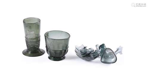 THREE ITEMS OF GREEN-TINTED GERMAN GLASS, 16TH CENTURY