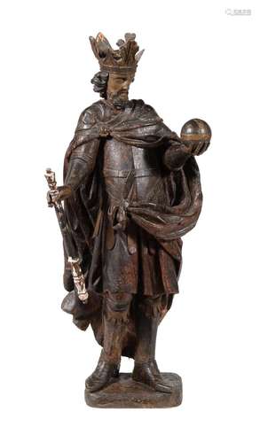 A CARVED SOFTWOOD POLYCHROME FIGURE OF A 14TH CENTURY KING, ...