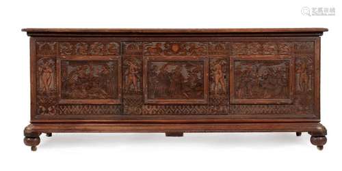 AN ITALIAN CARVED AND POKERWORK DECORATED CHEST OR CASSONE 1...