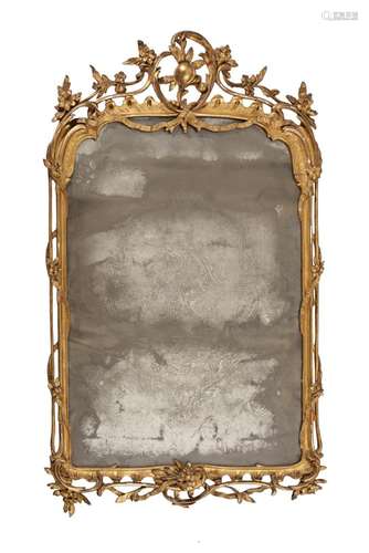 A LOUIS XV CARVED GILTWOOD AND ENGRAVED GLASS WALL MIRROR, C...