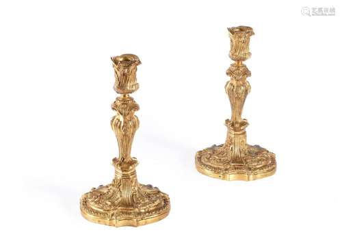 A PAIR OF LOUIS XV ORMOLU CANDLESTICKS, MID-18TH CENTURY