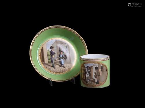 A MEISSEN (MARCOLINI) APPLE-GREEN GROUND COFFEE CAN AND SAUC...