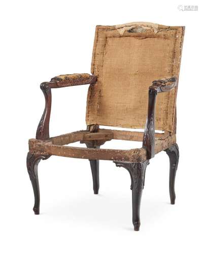 A GEORGE III MAHOGANY OPEN ARMCHAIR, IN LOUIS XV TASTE, THIR...