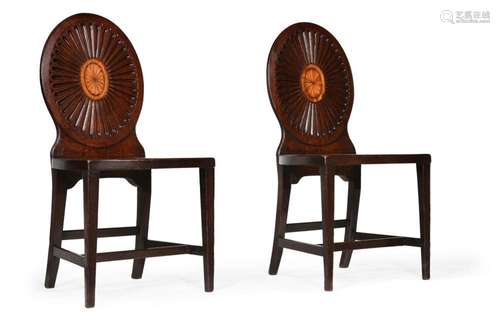 A PAIR OF GEORGE III MAHOGANY AND MARQUETRY HALL CHAIRS, IN ...