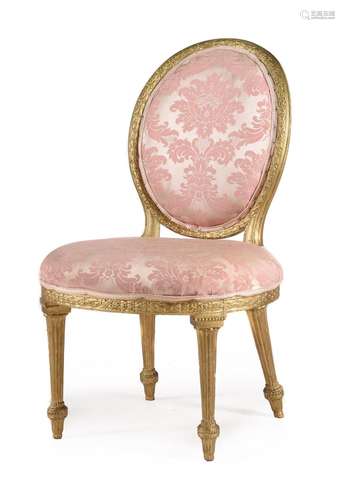 A GEORGE III CARVED GILTWOOD SIDE CHAIR, IN THE MANNER OF TH...