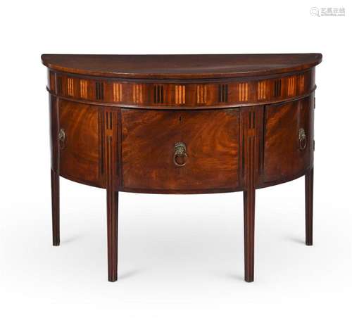 A GEORGE III MAHOGANY AND MARQUETRY DEMI LUNE SIDE CABINET, ...