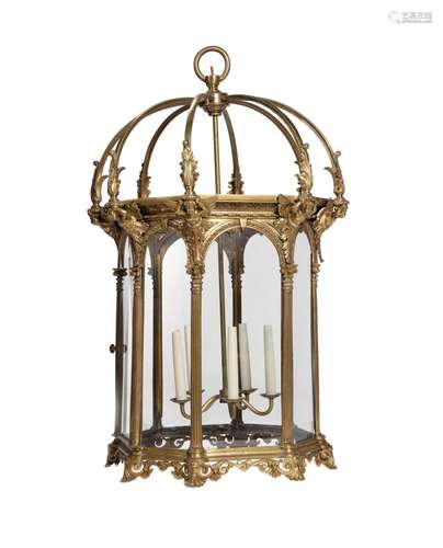 A GILT METAL OCTAGONAL HALL LANTERN, IN THE NEOCLASSICAL STY...