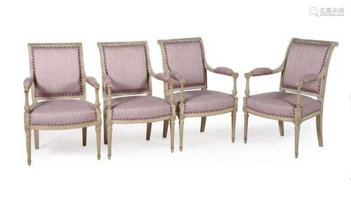 A SET OF FOUR LOUIS XVI CREAM PAINTED AND LILAC UPHOLSTERED ...