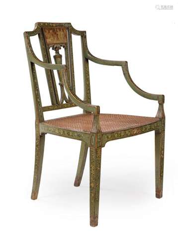 A GEORGE III PAINTED OPEN ARMCHAIR, IN NEO-CLASSICAL STYLE, ...