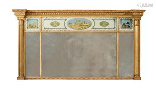 A REGENCY GILTWOOD AND VERRE EGLOMISE WALL MIRROR, EARLY 19T...