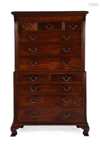 A GEORGE III FIGURED MAHOGANY CHEST ON CHEST, CIRCA 1780