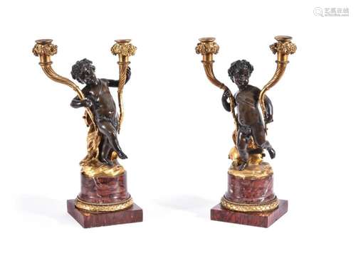 A PAIR OF FRENCH BRONZE ORMOLU AND MARBLE CANDELABRA, 19TH C...