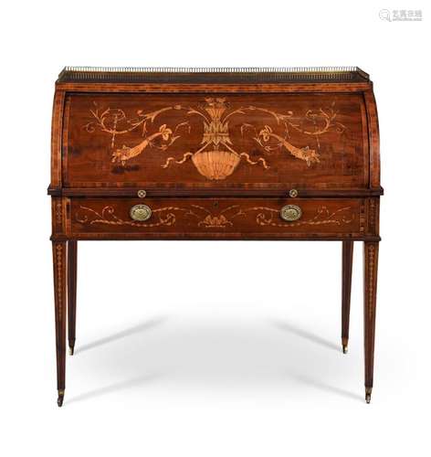 A GEORGE III MAHOGANY AND MARQUETRY CYLINDER BUREAU, CIRCA 1...