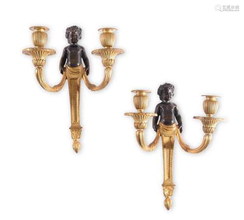 A PAIR OF FRENCH BRONZE AND ORMOLU TWIN-LIGHT WALL LIGHTS, A...