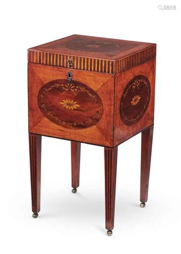 Y A GEORGE III MAHOGANY, SATINWOOD, ROSEWOOD AND MARQUETRY C...