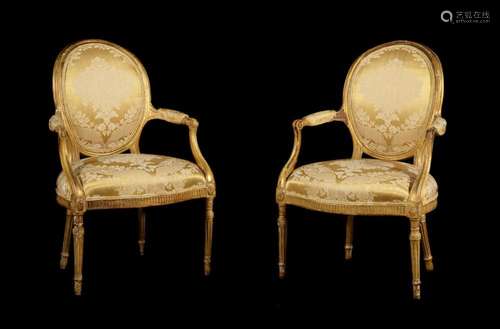 A PAIR OF GEORGE III GILTWOOD AND YELLOW DAMASK UPHOLSTERED ...