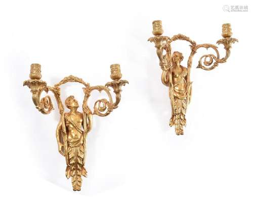 A PAIR OF FRENCH ORMOLU BACCHUS AND CARYATID TWIN-LIGHT WALL...