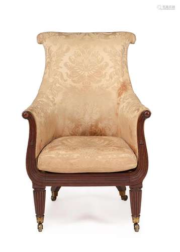 A REGENCY MAHOGANY AND UPHOLSTERED ARMCHAIR, IN THE MANNER O...