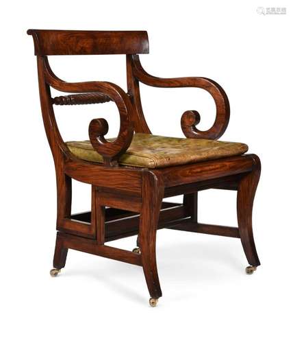 A GEORGE IV SIMULATED ROSEWOOD METAMORPHIC LIBRARY CHAIR, IN...